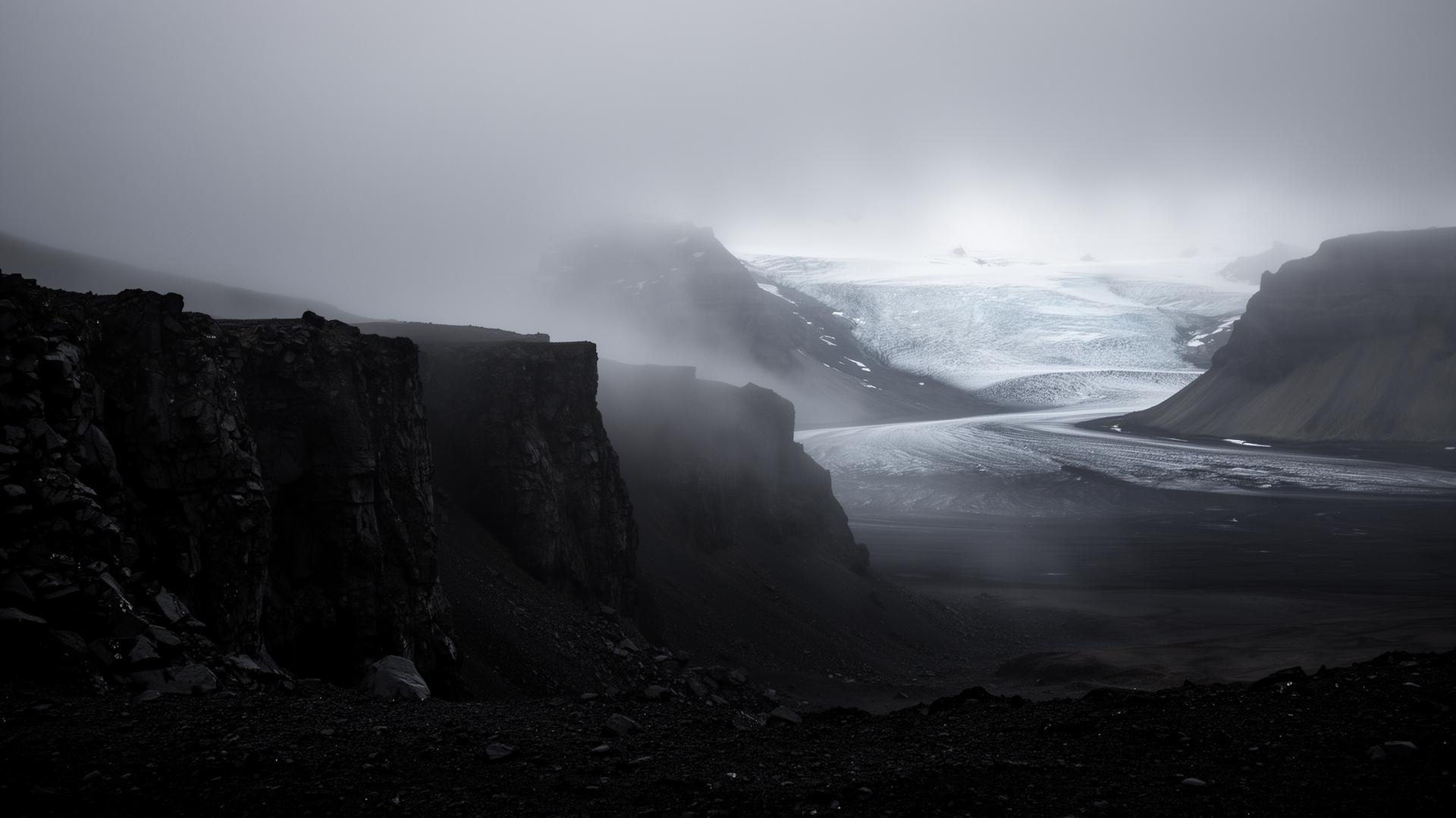 Misted Icelandic landscape of black volcanic stone and glacial ice
